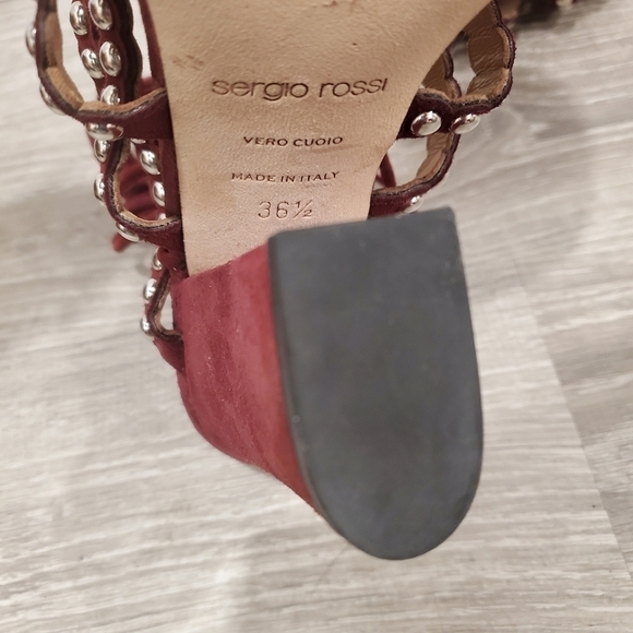 NEW SERGIO ROSSI Elettra Studded Suede Block Heel Sandals In Cherry - Picture 8 of 8